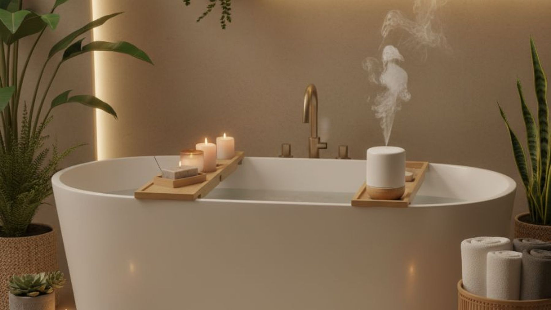 Ambientazione di uno spazio relax con arredo bagno e accessori bagno
